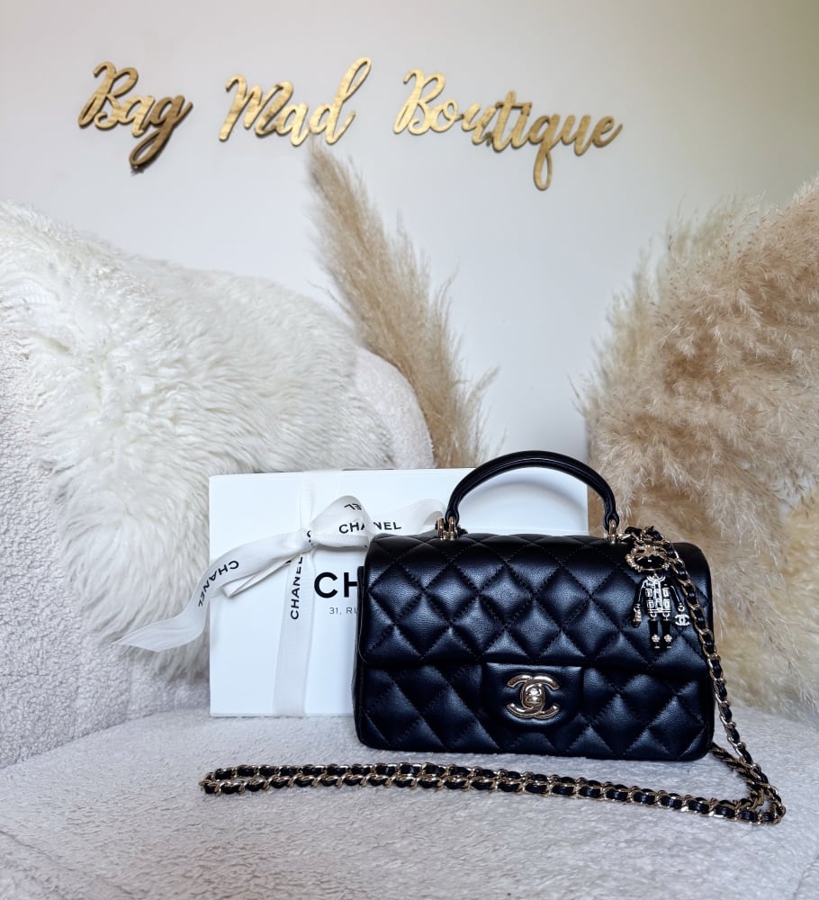 Chanel LGHW Black Lambskin Charm Rectangle Mini
