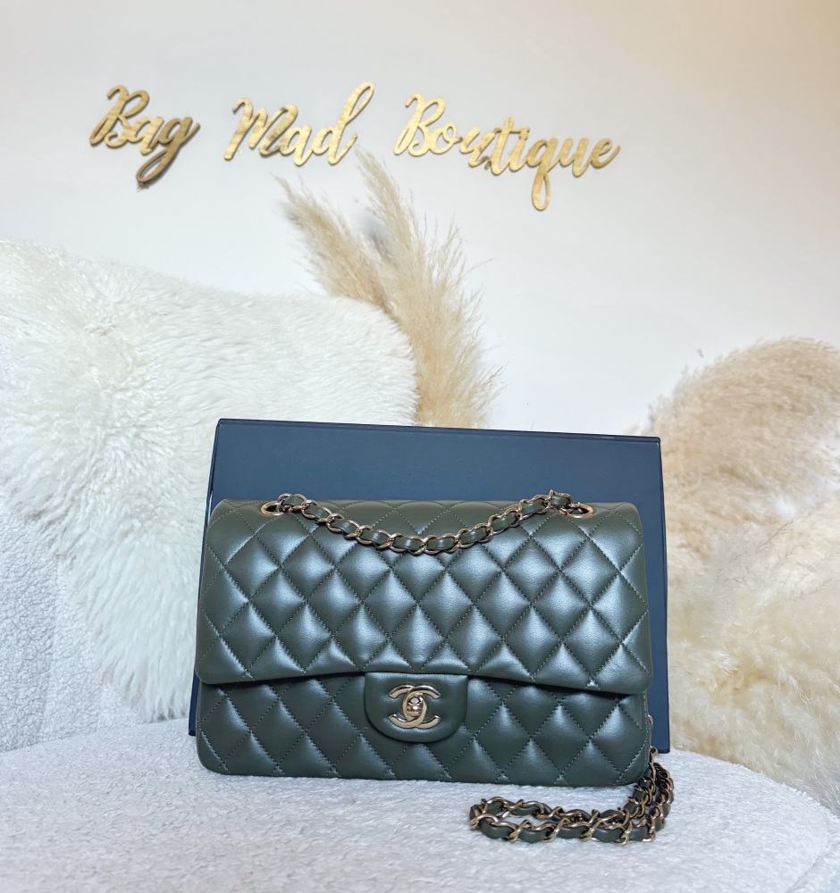 Chanel LGHW Green Lambskin Medium Classic Double Flap