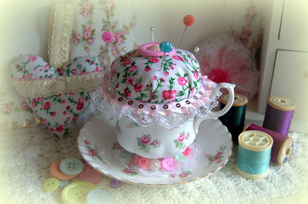 Handmade Vintage Tea Cup Pin Cushion - Rose Garden