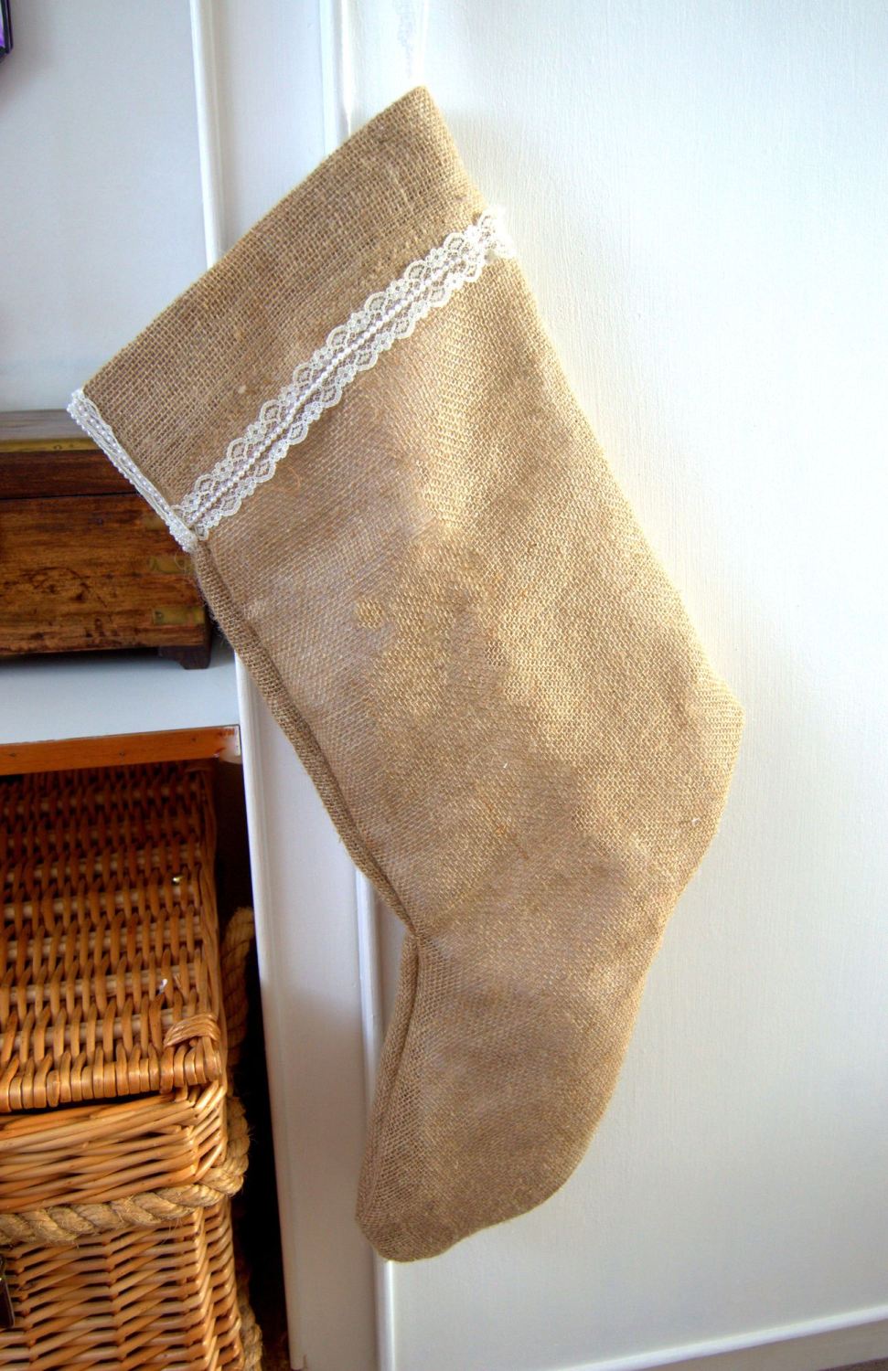 Large Handmade Burlap Hessian Christmas Stocking with Vintage Damask Lining