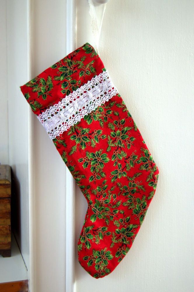 Handmade Holly Berry Christmas Stocking - 14"