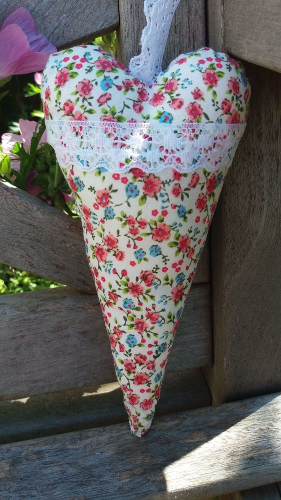 Handmade Floral Fabric and Lace Hanging Heart