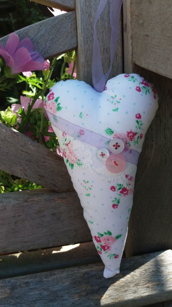 Handmade Floral Fabric, Ribbon and Lace Hanging Heart