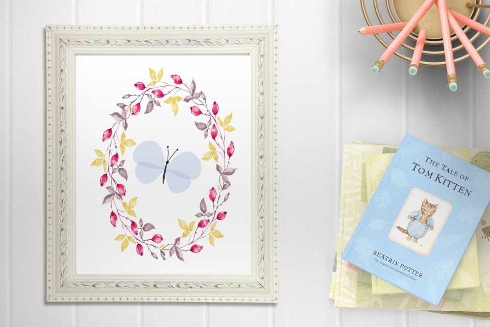 Blue Butterfly Floral Nursery Art Print