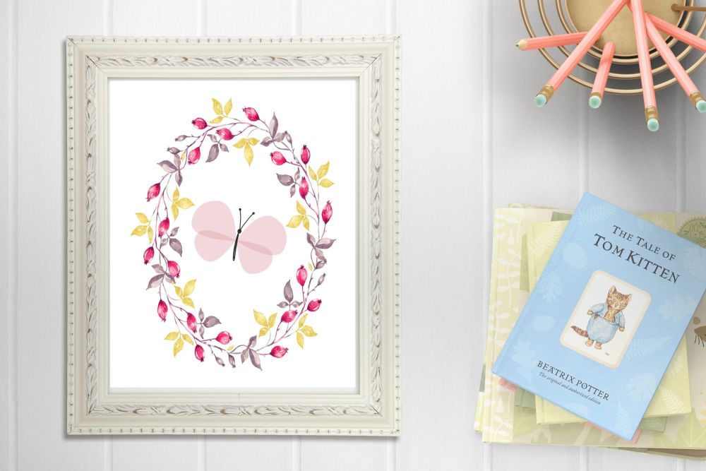Pink Butterfly Floral Nursery Art Print