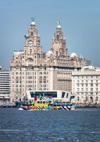 Dazzle Ferry in front of Liver Buildings, Pier Head, Liverpool    Photographic Print