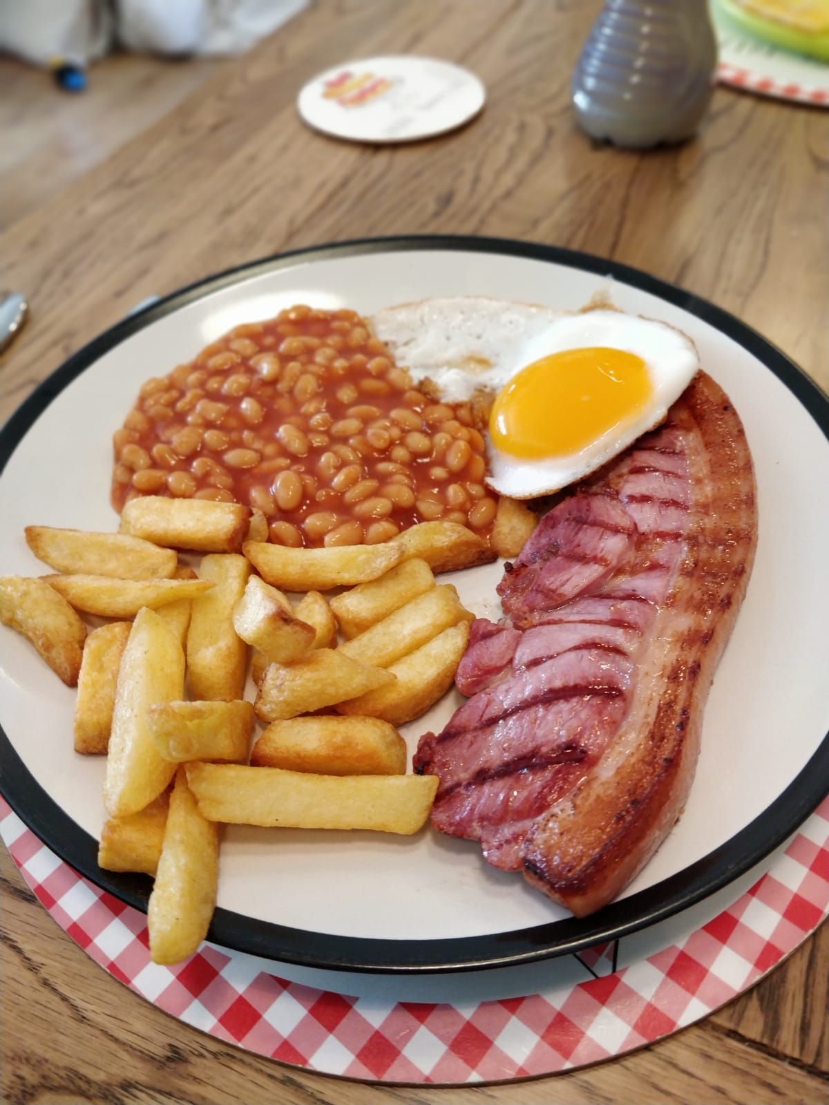 Gammon, egg, chips and beans meal
