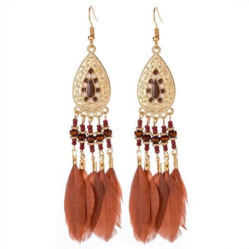 Enamel & Gold Tone Feather Earrings - Chocolate
