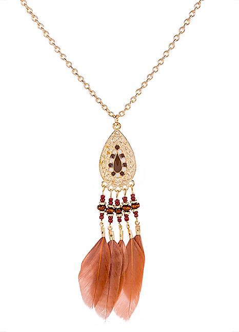 Enamel & Gold Tone Feather Necklace in Chocolate