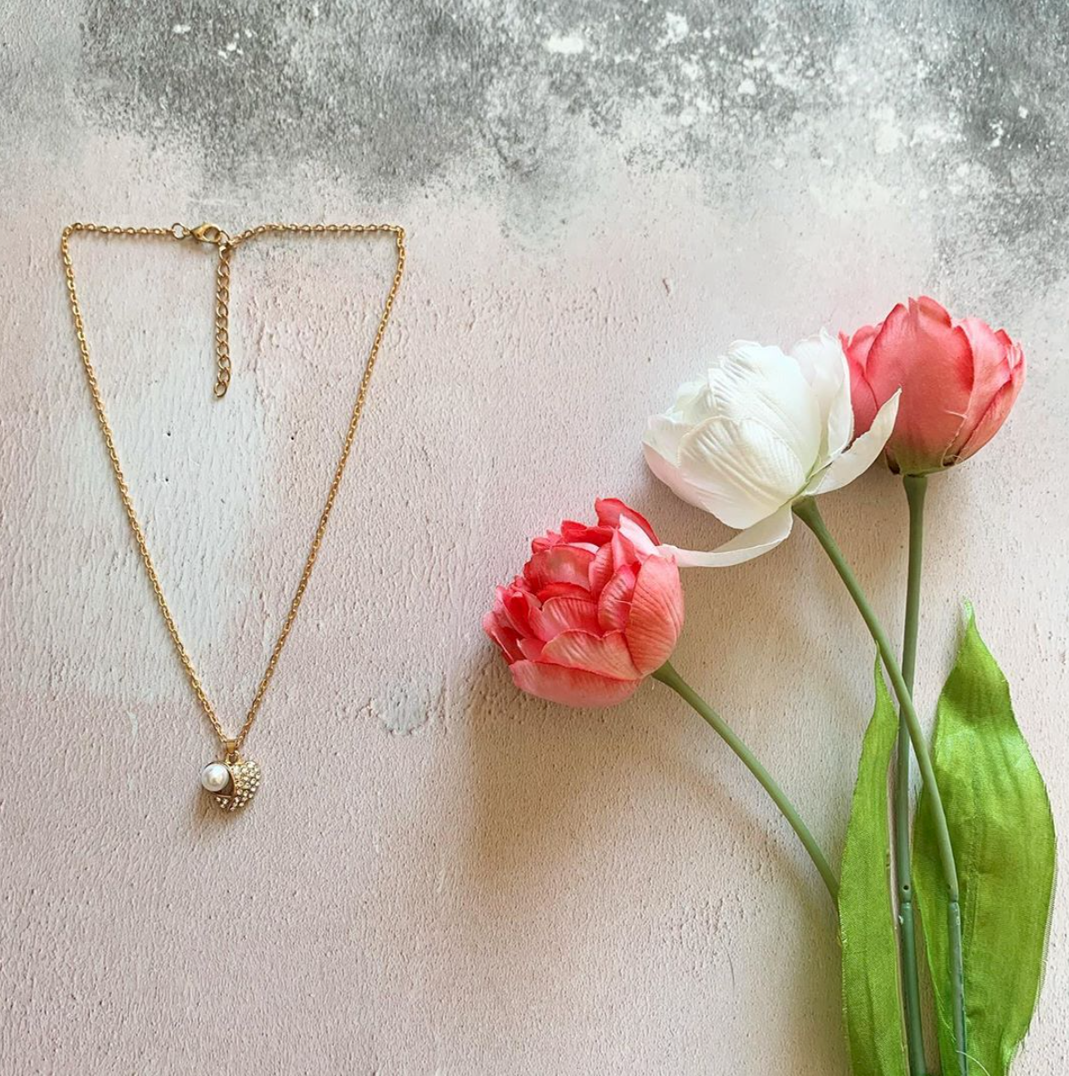 Mother of Pearl Heart and Rhinestone Necklace by Emi Jewellery