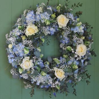 Blue Hydrangea and White Rose Wreath