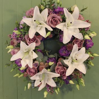 White Lily and Lilac Rose Wreath
