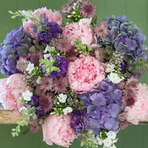 A Pink Peony and Purple Hydrangea Bouquet