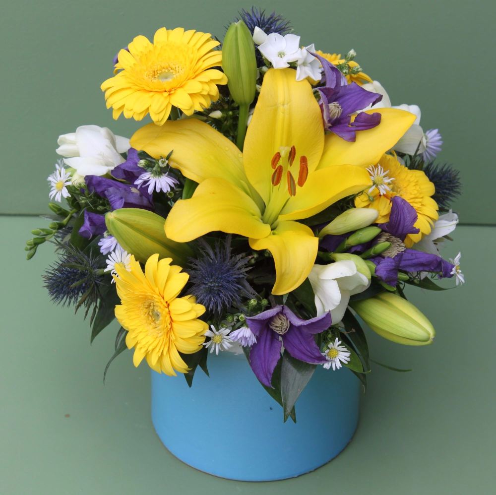 Yellow, Blue and White Scented Arrangement