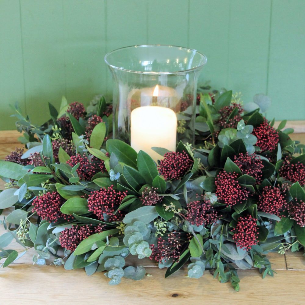 Eucalyptus and Skimmia Hurricane Arrangement