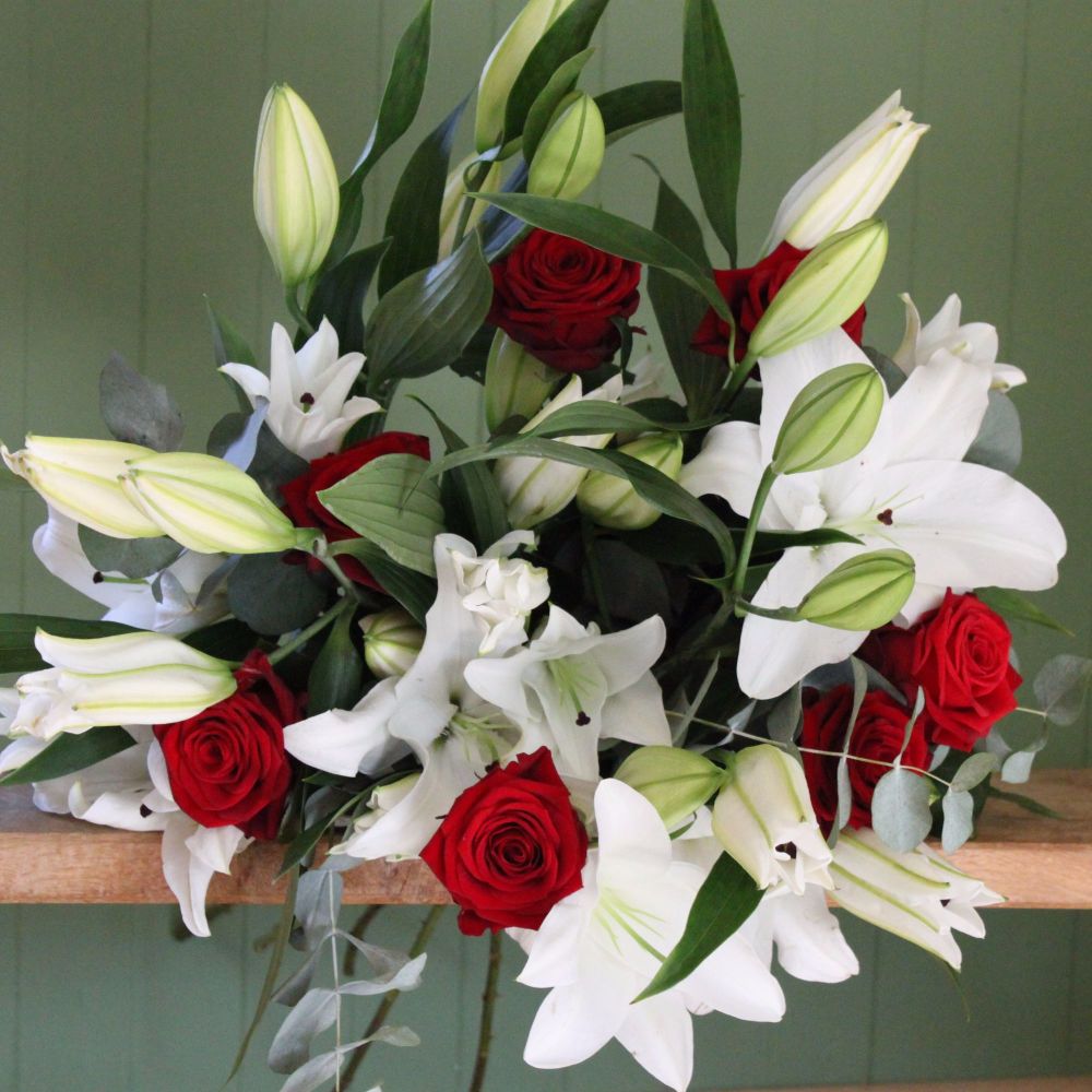 White Lily and Red Naomi Rose Bouquet