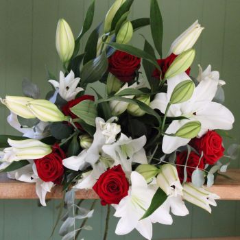 White Lily and Red Naomi Rose Valentine's Bouquet. Price from