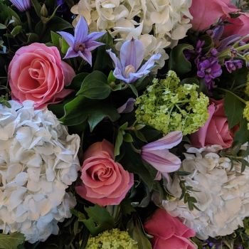 Pink Rose, White Hydrangea, Guelda Rose & Clematis Coffin Spray. Price From