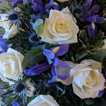 Ivory Rose, Purple Iris & Blue Thistle Coffin Spray. Price From