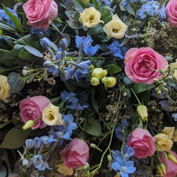 64. Pink Rose, Pale Blue Delphinium & Cream Lisianthus Coffin Spray. Price From