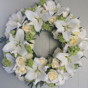 White and Green Lily and Rose Wreath