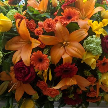 Orange, Red. Yellow & Lime Seasonal Coffin Spray. Price From
