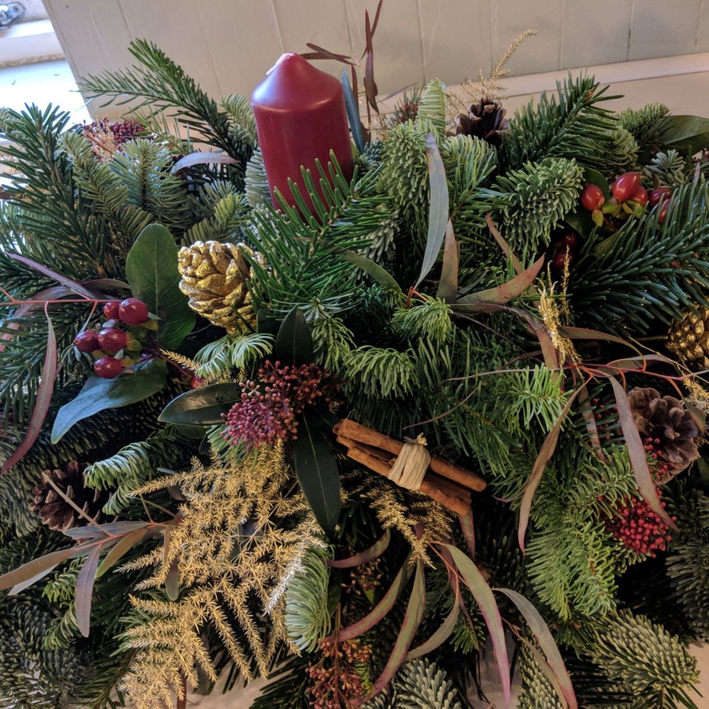Classic Burgundy and Gold Christmas Candle Arrangement