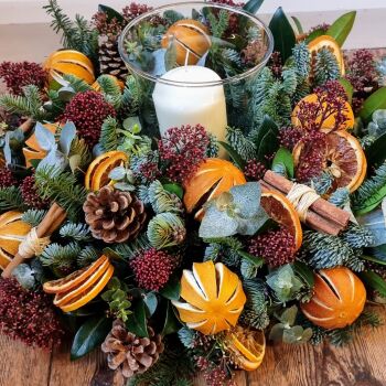 Foliage and Fruit Hurricane Arrangement