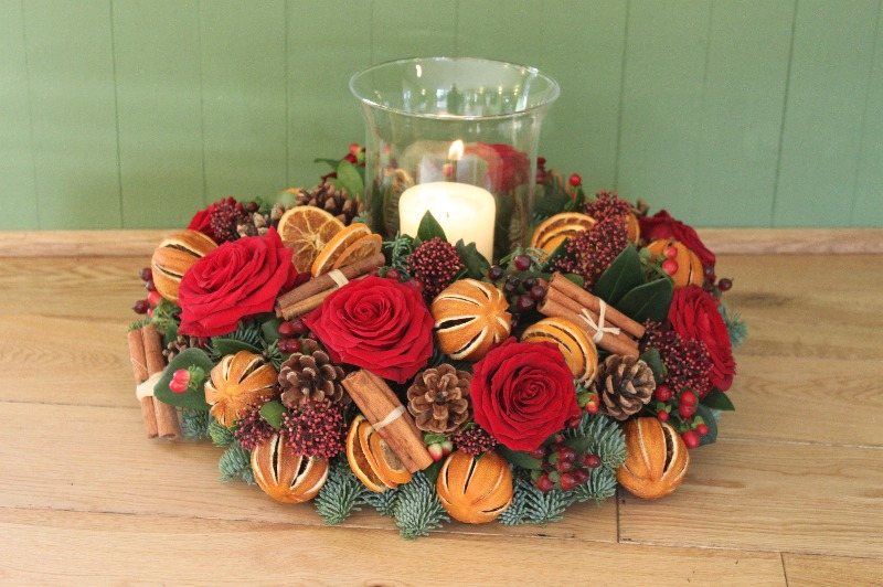 Christmas hurricane flower arrangement