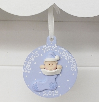 Baby Boy's Blue First Christmas Stocking Personalised Bauble
