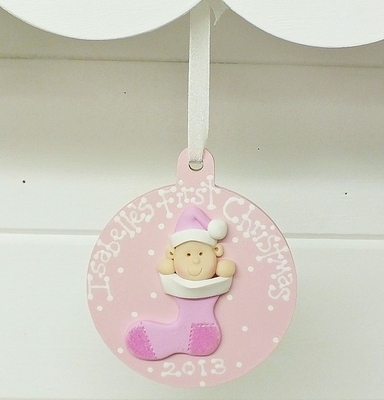 Baby Girl's Pink First Christmas Stocking Personalised Bauble 
