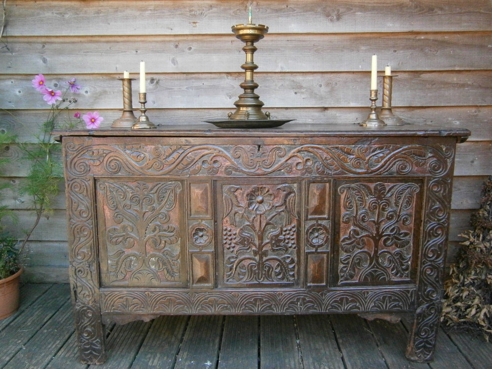 Joined oak chest with original polychromy, constructed In The Workshop Of Thomas Dennis SOLD