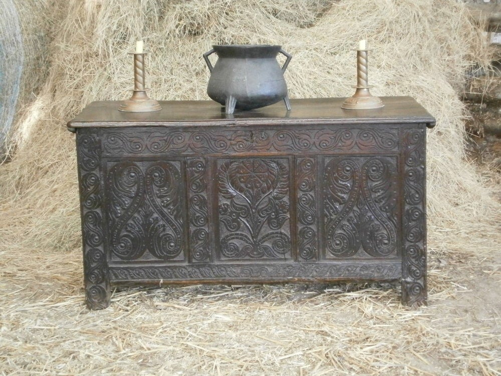 17th Century Carved Oak Coffer With A Quirky Repair Probably Exeter Region SOLD