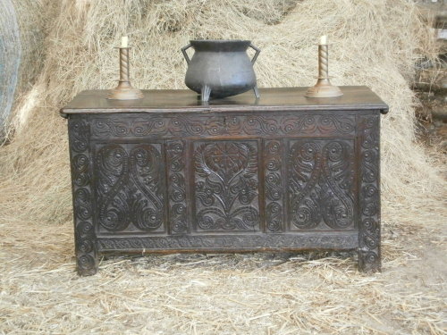 17th Century Carved Oak Coffer With A Quirky Repair Probably Exeter Region