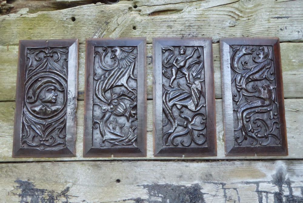 A Set Of Four Henry VIII Period Carved Oak Panels Depicting Dragons And Beasts SOLD