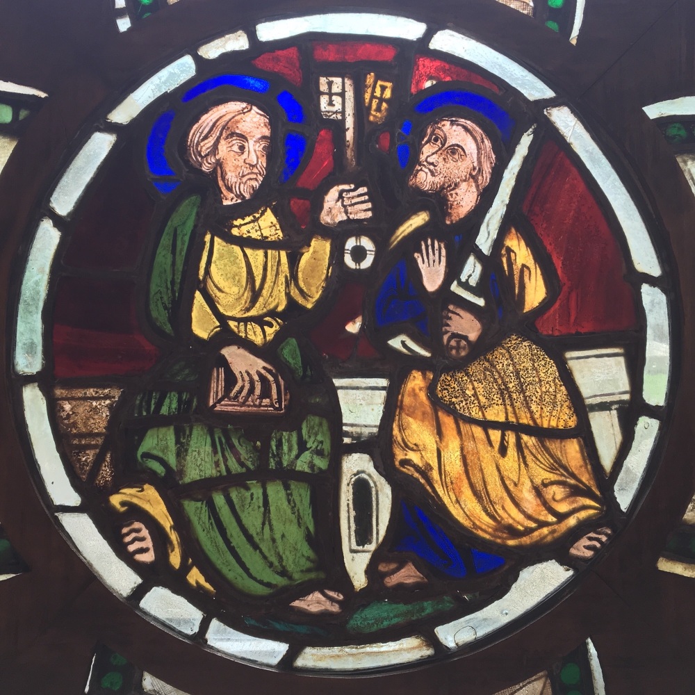 English Medieval Stained Glass Panel Depicting St Peter & St Paul