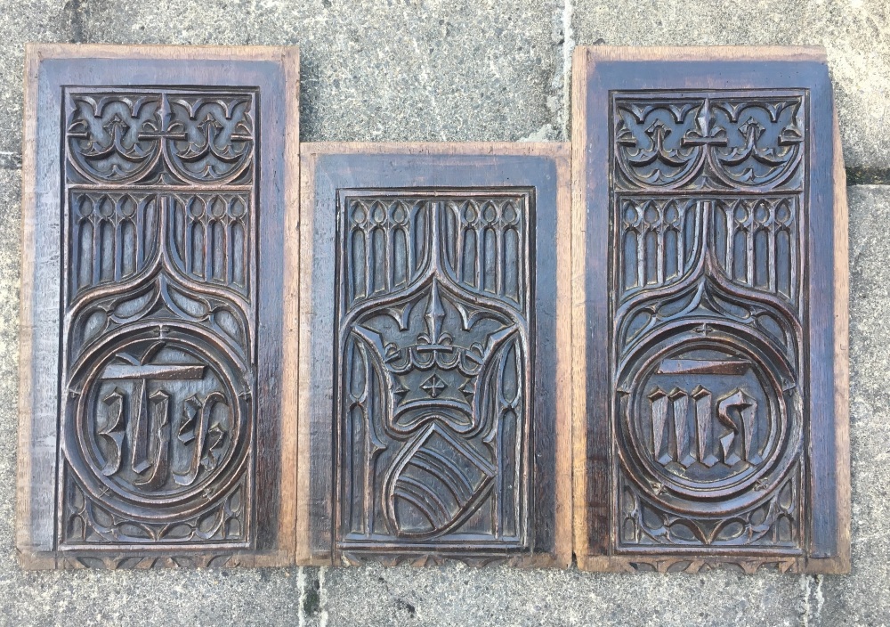 A Set Of Three Rare Gothic Oak Tracery Panels Circa 1500