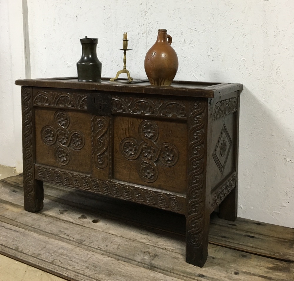 An Early 17th Century Carved Oak Coffer With Deep Carving SOLD