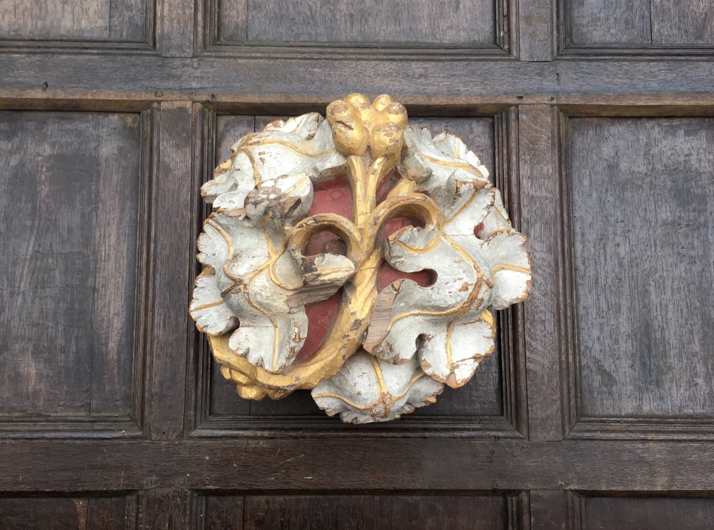 A Rare 15th Century Ecclesiastical Ceiling Boss retaining its original polychrome gilding.SOLD