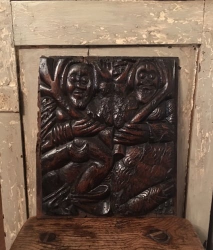 A Rare Medieval Carved Oak Panel Of A Pair Of WoodWose