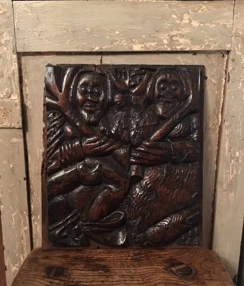 A Rare Medieval Carved Oak Panel Of A Pair Of WoodWose SOLD