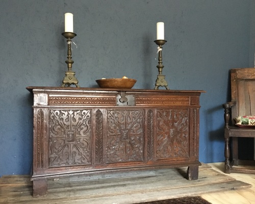 Early 17th Century Carved And Inlaid Oak Joined Chest