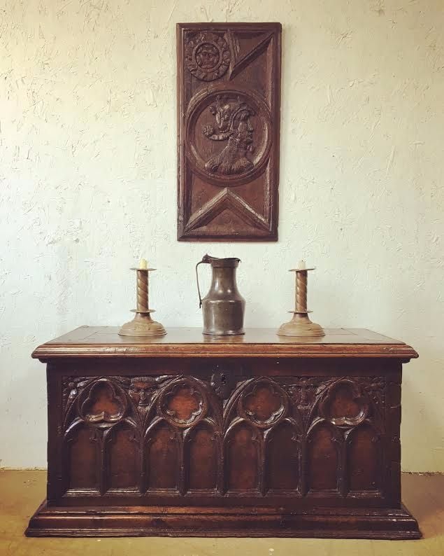 A Gothic Oak Chest Carved With Tracery Incorporating Profiles Of The Devil And Green-man SOLD