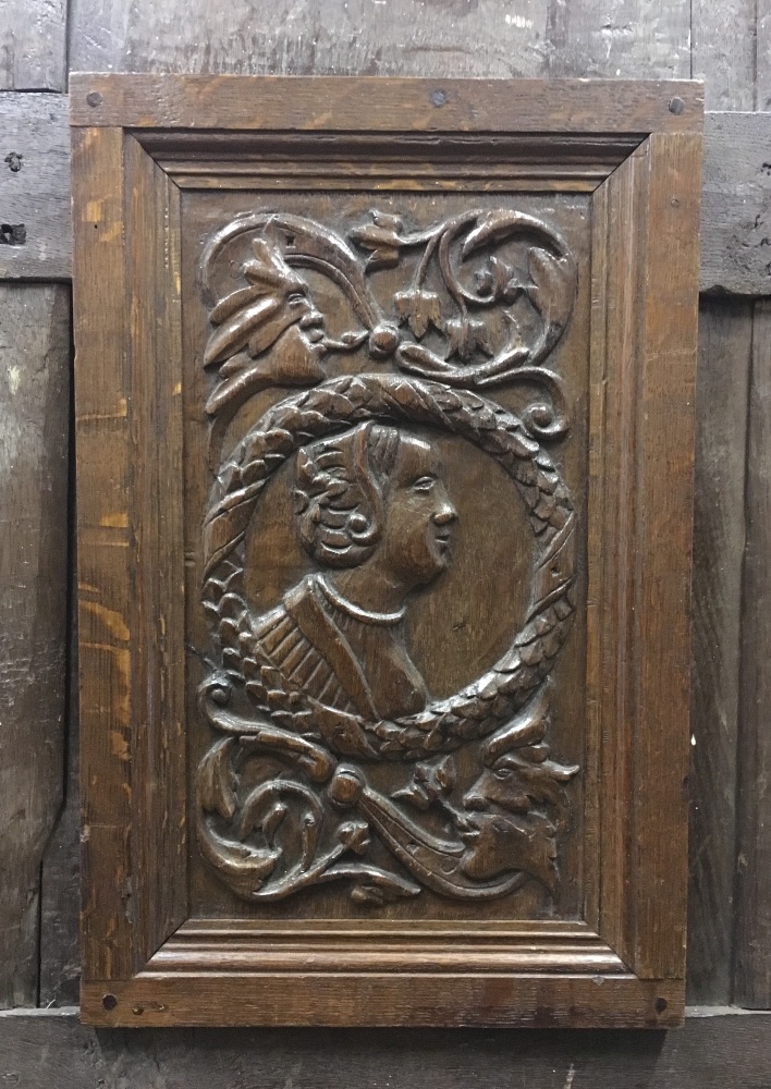 A Rare 16th Century Carved Oak Romayne Profile Panel