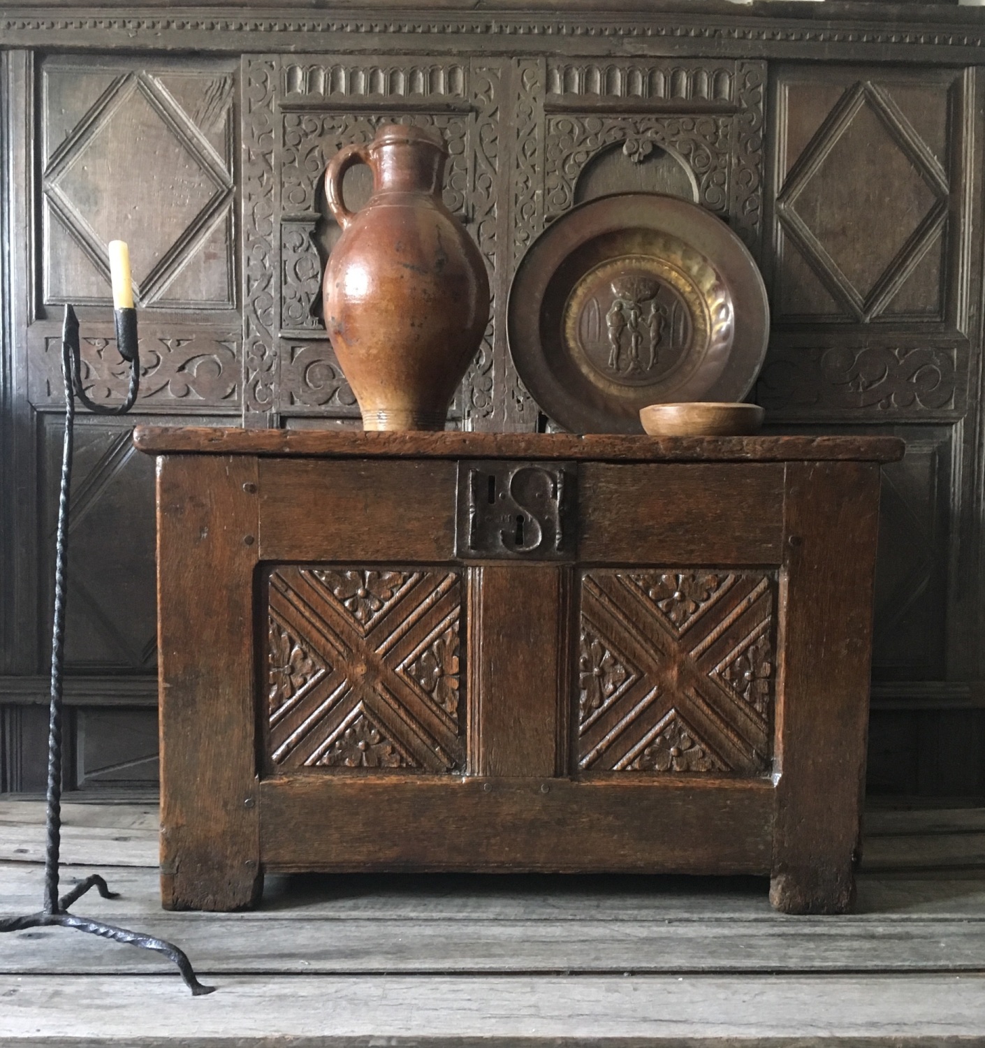 15th century carved Gothic oak chest