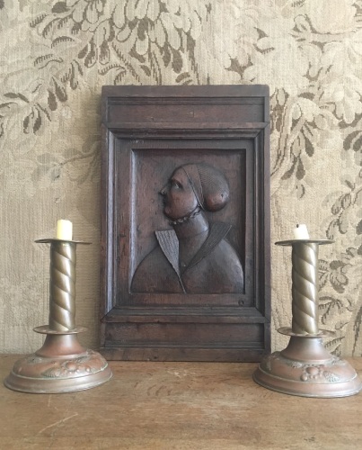 A Fine 16th Century Carved Oak Profile Panel Depicting A Lady Of Status.