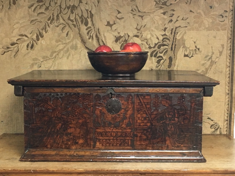 A 16th Century Italian Casket In Cedar Wood With Pyrography To The Front And Sides.