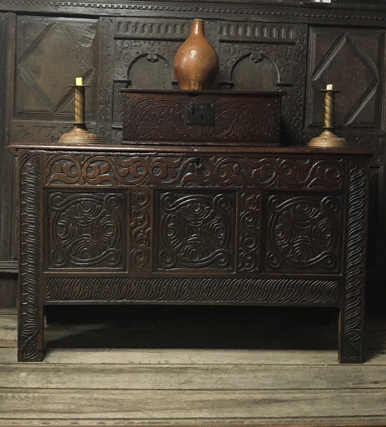 17th century carved oak coffer of transitional form