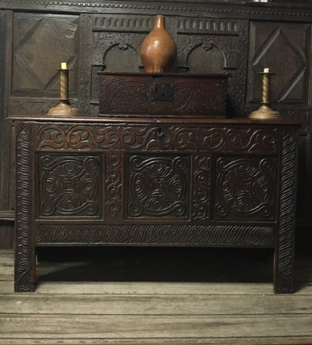 A Wonderful Mid 17th Century Carved Oak Coffer Of Transitional Form.