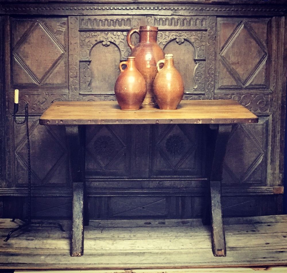 A 19th Century Country Pine Tavern Table With Iron Banded Top .SOLD